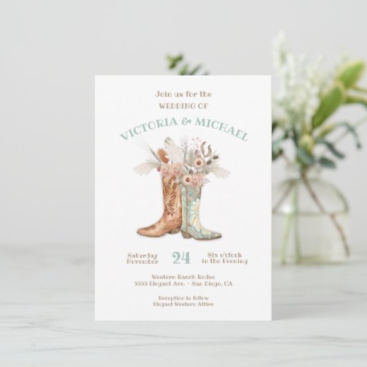 Bride & Groom Floral Boots Cowboy Western Hochzeit Einladung (Stehend Vorderseite)