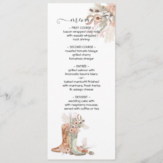 Bride & Groom Floral Boots Cowboy Western Menükarte (Vorderseite)