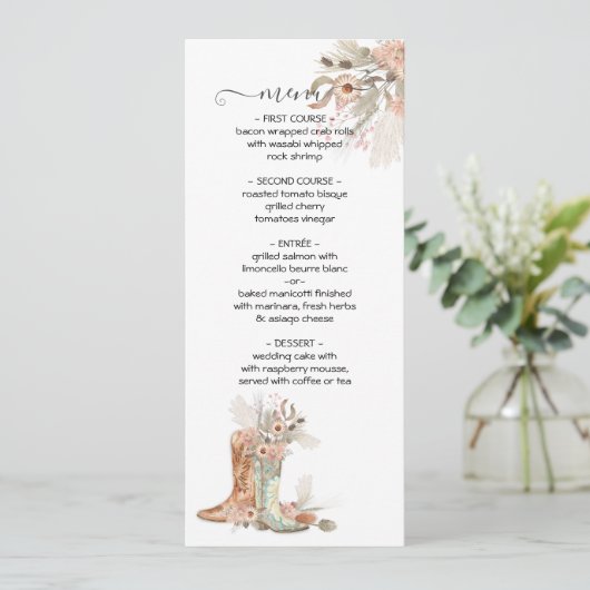 Bride & Groom Floral Boots Cowboy Western Menükarte (Stehend Vorderseite)