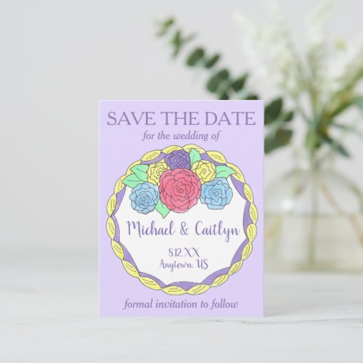 Bride Groom Floral Wedding Cake Save the Date Ankündigungspostkarte (Stehend Vorderseite)