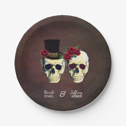 Bride & Groom Goth Skulls Hochzeitspapier-Teller Pappteller (Vorderseite)