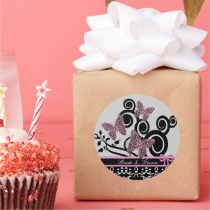 Bride & Groom Schmetterlinge Wirbel Pink Black & W Runder Aufkleber