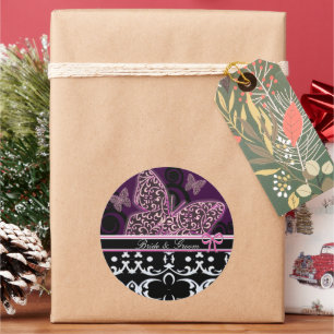 Bride & Groom Schmetterlinge Wirbel Pink Black & W Runder Aufkleber