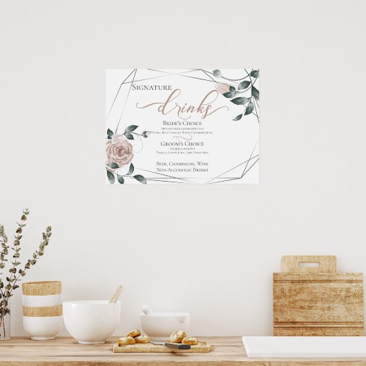 Bride Groom Signature Drinks Bar Menu Rosa Poster (Küche)
