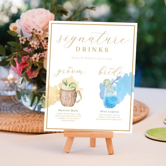 Bride & Groom Signature Drinks Watercolor Cocktail Poster