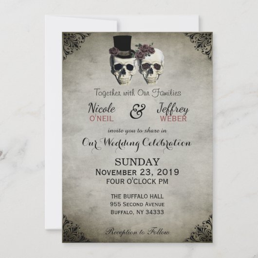 Bride & Groom Skull Goth Rustikale Hochzeitseinlad Einladung (Vorderseite)