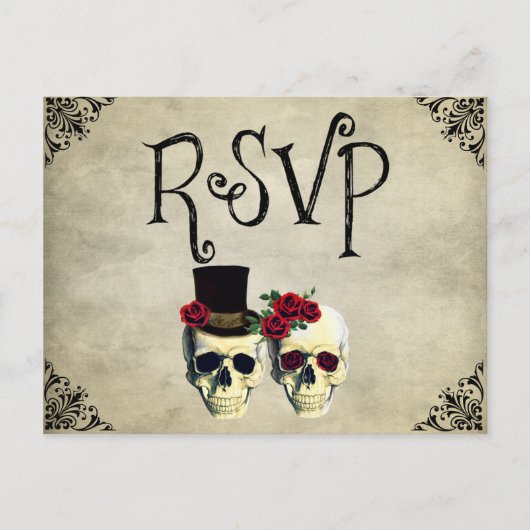 Bride & Groom Skull Wedding RSVP Card Einladungspostkarte (Vorderseite)