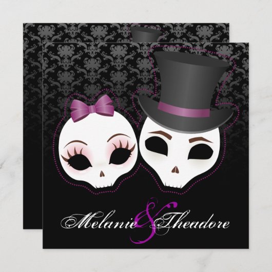 Bride & Groom Skullies (Violet) Einladung (Vorne/Hinten)