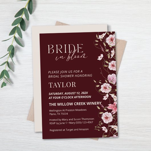 Bride in Bloom Burgundy Floral Bridal Shower Einladung