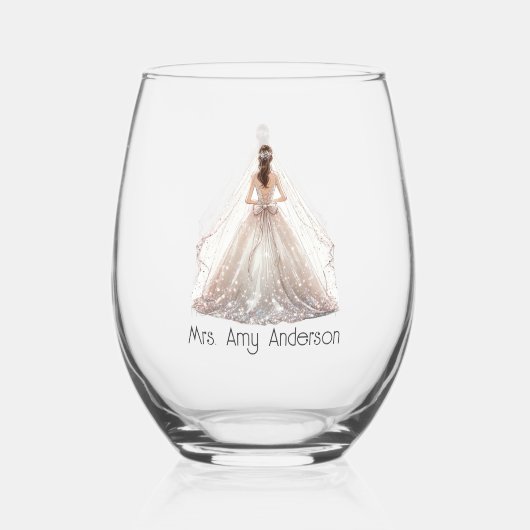 Bride Mrs. Wedding Dress Bridal Geschenk Custom Weinglas Ohne Stiel (Rückseite)