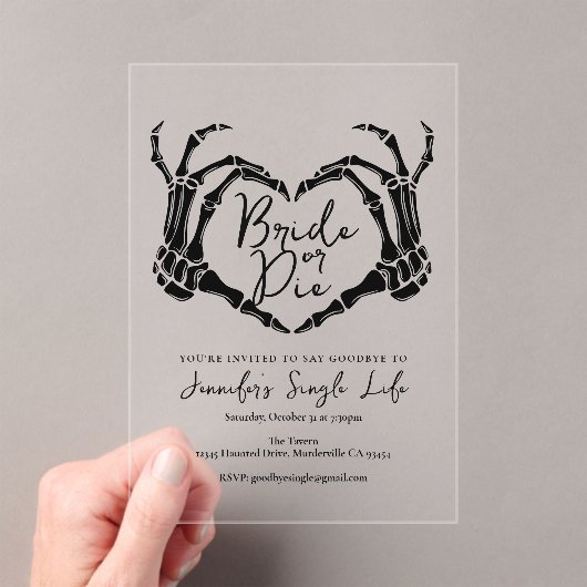 Bride or Die Bachelorette Party Skeleton Heart  Acryleinladungen (Insitu (Handheld))