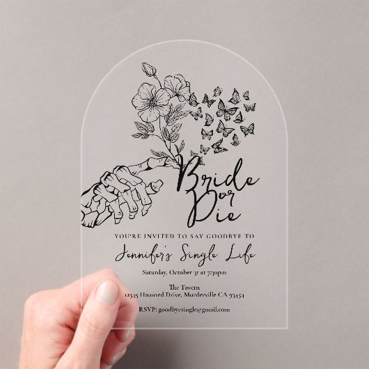 Bride or Die Black Floral Bachelorette Party Acryleinladungen (Insitu (Handheld))