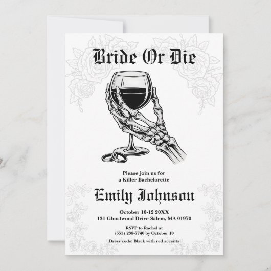 Bride or Die Gothic Skeleton Bachelorette Party Einladung (Vorderseite)