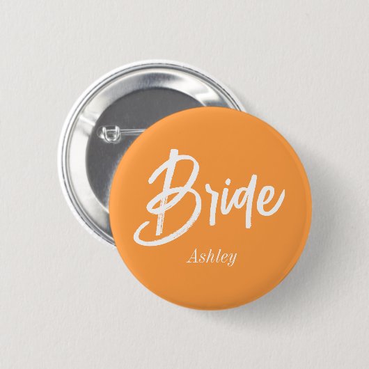 Bride Orange White Wedding Script Button (Vorne & Hinten)