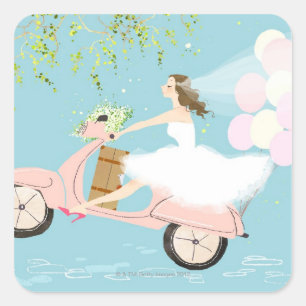 Bride Ride a Scooter Quadratischer Aufkleber