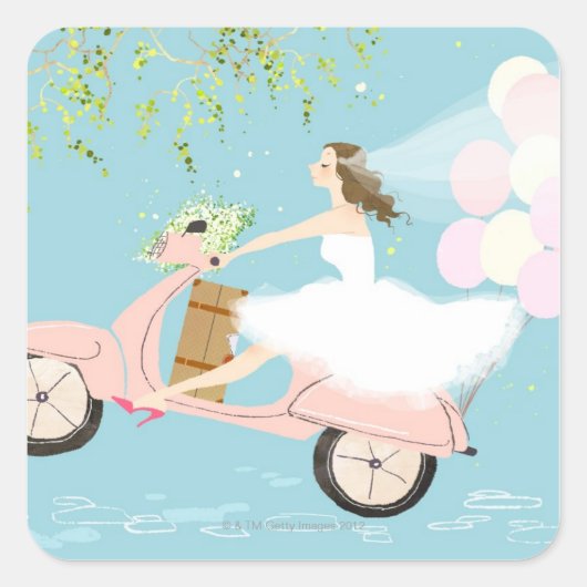 Bride Ride a Scooter Quadratischer Aufkleber (Vorderseite)