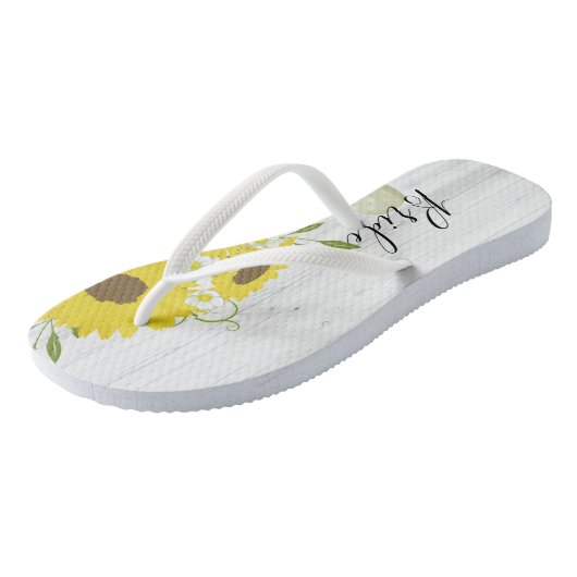 Bride Rustic Wood Sonnenblumen Blume Flip Flops Badesandalen (Schrägansicht)