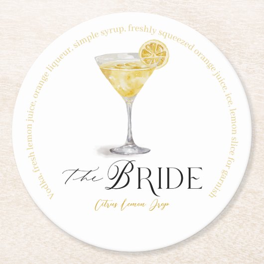Bride Signature Cocktail Wasserfarbe Brautgetränk Runder Pappuntersetzer (Vorderseite)