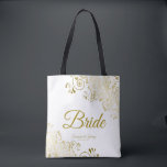 Bride Simple Elegante Wedding Tote Bag White Gold Tasche<br><div class="desc">Diese Bride Tote Taschen sind für die Koordination mit unserer Gold Foil Elegant Wedding Suite konzipiert und sind vollständig anpassbar. Einfaches Design beinhaltet goldene Skripttexte mit einem Blumenrand über einem weißen Hintergrund. Der gesamte Text ist anpassbar. Großartiges Memento für Ihren besonderen Tag!</div>