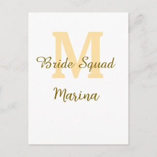 Bride squad monogram golden bridal shower simple postkarte