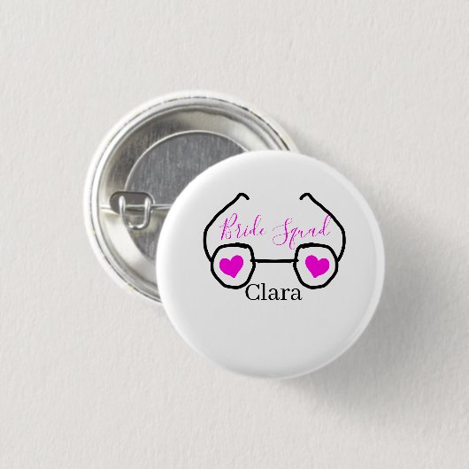 Bride Squad rosa schwarze Brille Herz Brautjungfra Button (Vorne & Hinten)