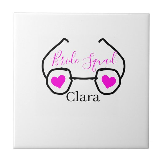Bride Squad rosa schwarze Brille Herz Brautjungfra Fliese (Vorderseite)