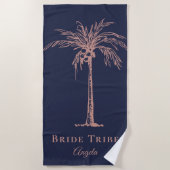 Bride Stam Navy Blue Rose Gold Palm Tree Custom Strandtuch (Vorderseite)