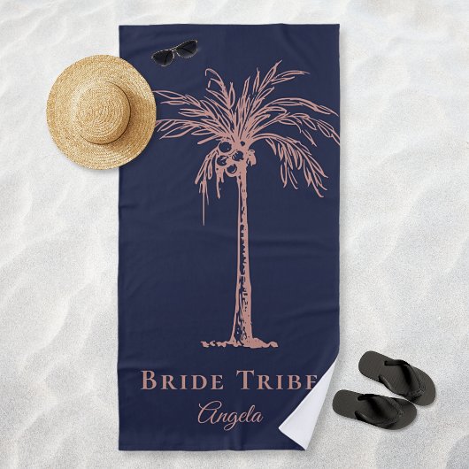Bride Stam Navy Blue Rose Gold Palm Tree Custom Strandtuch