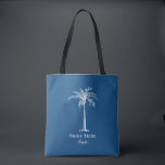 Bride Stamm Blue White Palm Tree Custom Tasche<br><div class="desc">Diese lustige Tasche mit tropischen Palmen mit dem Aufdruck "Brautstamm" in Weiß auf der (Farbe des Jahres 2020) blauen Hintergrund ist das perfekte Brautparty für einen tropischen Strand oder eine Hochzeit im Freien! Personalisieren Sie es mit dem Namen Ihrer Brautjungfrau.</div>