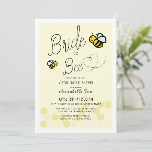 Bride to Bee Light Yellow VIrtual Brautparty Einladung (Stehend Vorderseite)