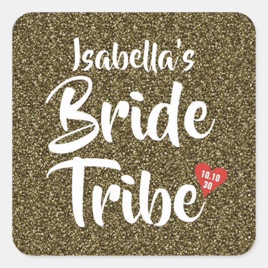 Bride Tribe Red Date Herz Personalisierter Glitzer Quadratischer Aufkleber (Vorderseite)
