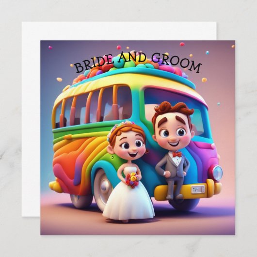 BRIDE UND GROOM UND RAINBOUSBUS EINLADUNG (Vorne/Hinten)