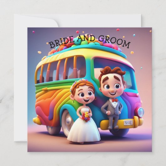 BRIDE UND GROOM UND RAINBOUSBUS SAVE THE DATE (Vorderseite)