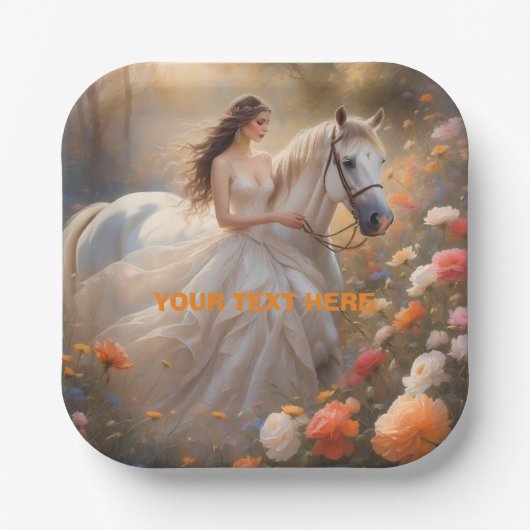 Bride & White-Stallion-Pferd Stehend auf einer Wie Pappteller (Vorderseite)