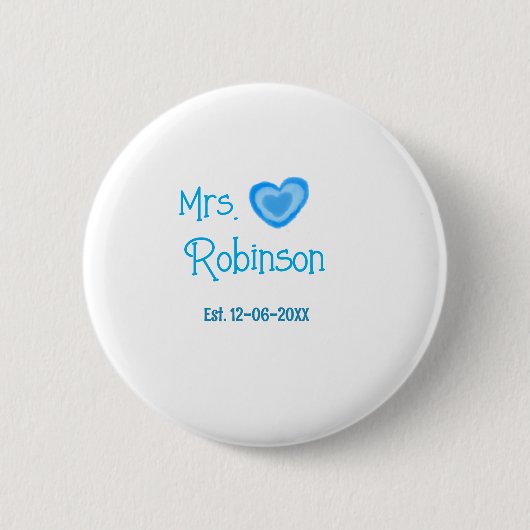 Bride zu Mrs. Name Datum blau Herz Wassercolo Button (Vorderseite)