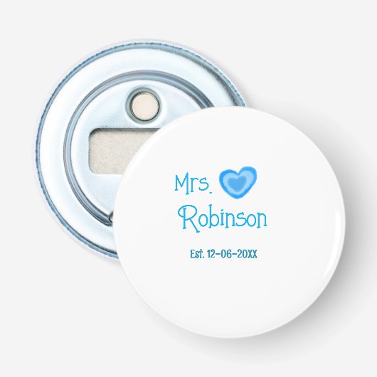 Bride zu Mrs. Name Datum blau Herz Wassercolo Flaschenöffner (Vorderseite)
