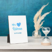 Bride zu Mrs. Name Datum blau Herz Wassercolo Fotoplatte (Seite)