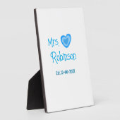 Bride zu Mrs. Name Datum blau Herz Wassercolo Fotoplatte (Seite)