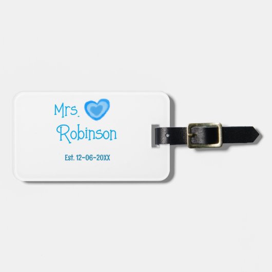 Bride zu Mrs. Name Datum blau Herz Wassercolo Gepäckanhänger (Vorderseite horizontal)
