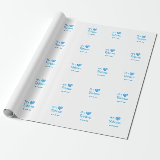 Bride zu Mrs. Name Datum blau Herz Wassercolo Geschenkpapier (Ungerollt)
