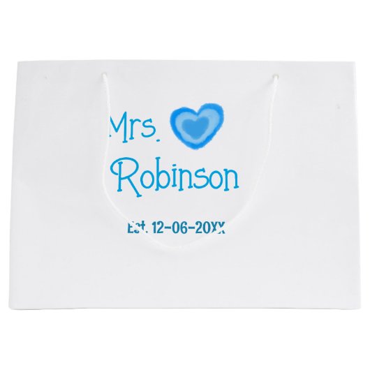 Bride zu Mrs. Name Datum blau Herz Wassercolo Große Geschenktüte (Vorderseite)