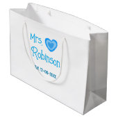 Bride zu Mrs. Name Datum blau Herz Wassercolo Große Geschenktüte (Rückseite Schrägansicht)