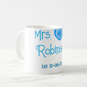 Bride zu Mrs. Name Datum blau Herz Wassercolo Kaffeetasse (Vorderseite Links)