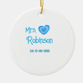 Bride zu Mrs. Name Datum blau Herz Wassercolo Keramik Ornament (Vorne)