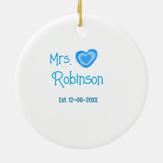Bride zu Mrs. Name Datum blau Herz Wassercolo Keramik Ornament (Hinten)