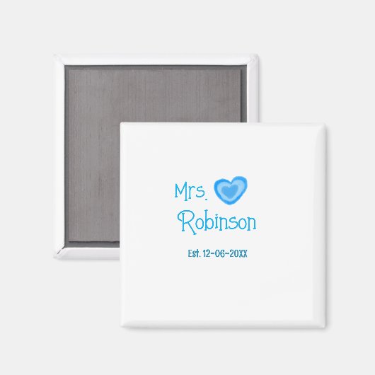 Bride zu Mrs. Name Datum blau Herz Wassercolo Magnet (Vorderseite/Rückseite)