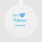 Bride zu Mrs. Name Datum blau Herz Wassercolo Ornament (Rückseite)