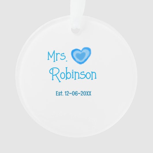 Bride zu Mrs. Name Datum blau Herz Wassercolo Ornament (Vorderseite)