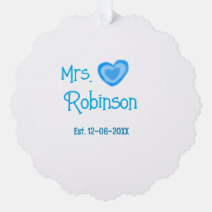 Bride zu Mrs. Name Datum blau Herz Wassercolo Ornament Karte