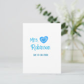 Bride zu Mrs. Name Datum blau Herz Wassercolo Postkarte (Stehend Vorderseite)